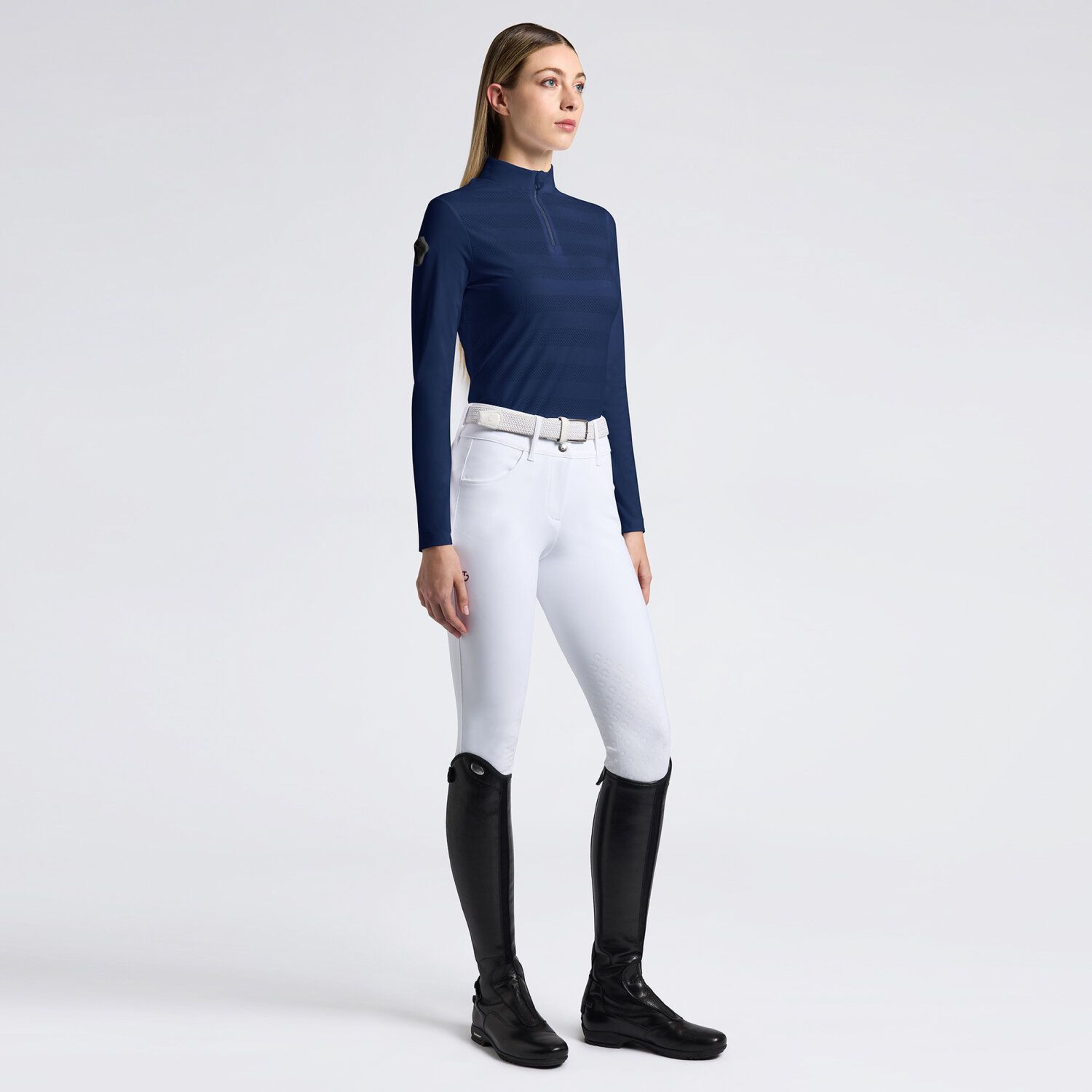 Cavalleria Toscana Perf Wide Stripe Zip Polo l/s ladies