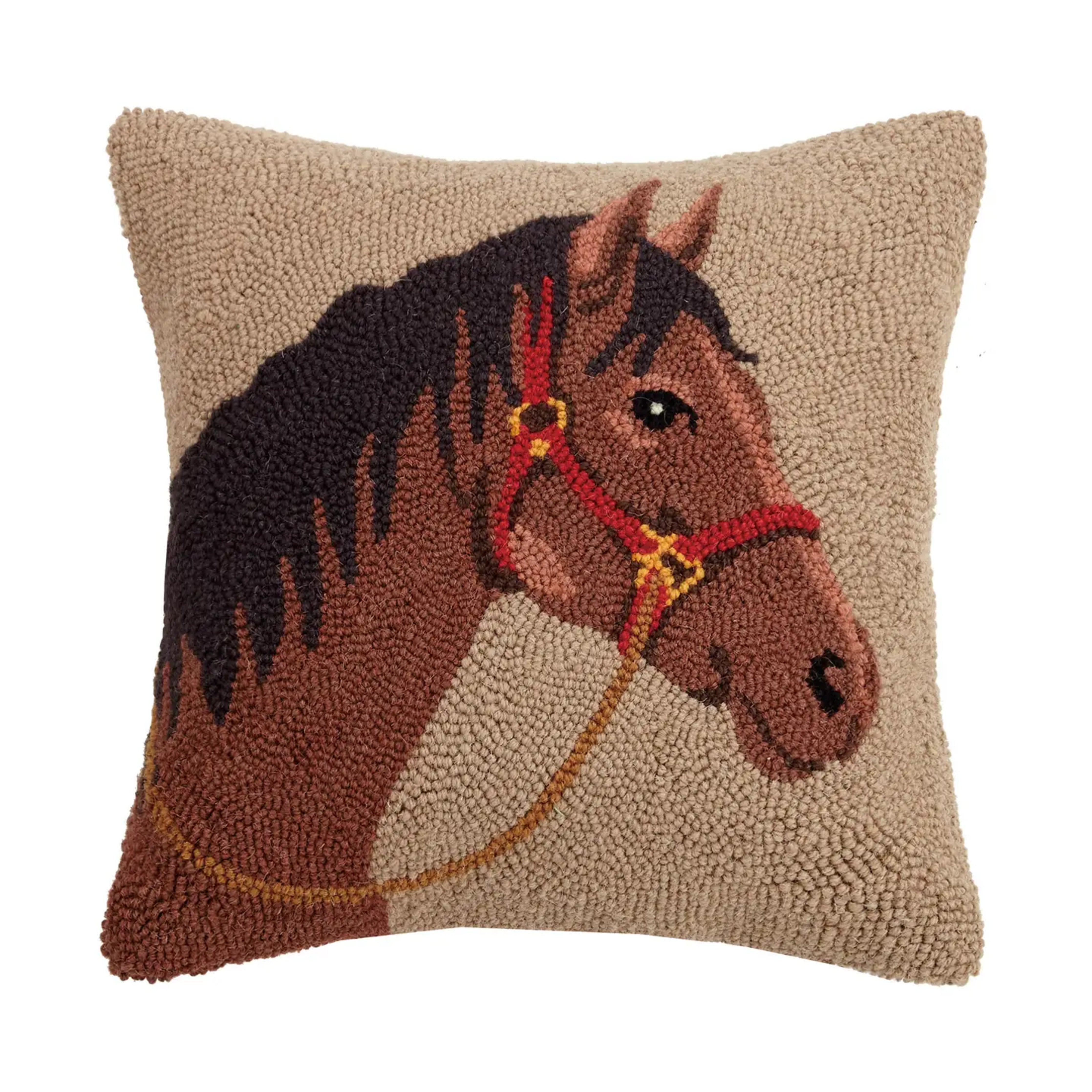 Red Haltered Horse Hooked Pillow