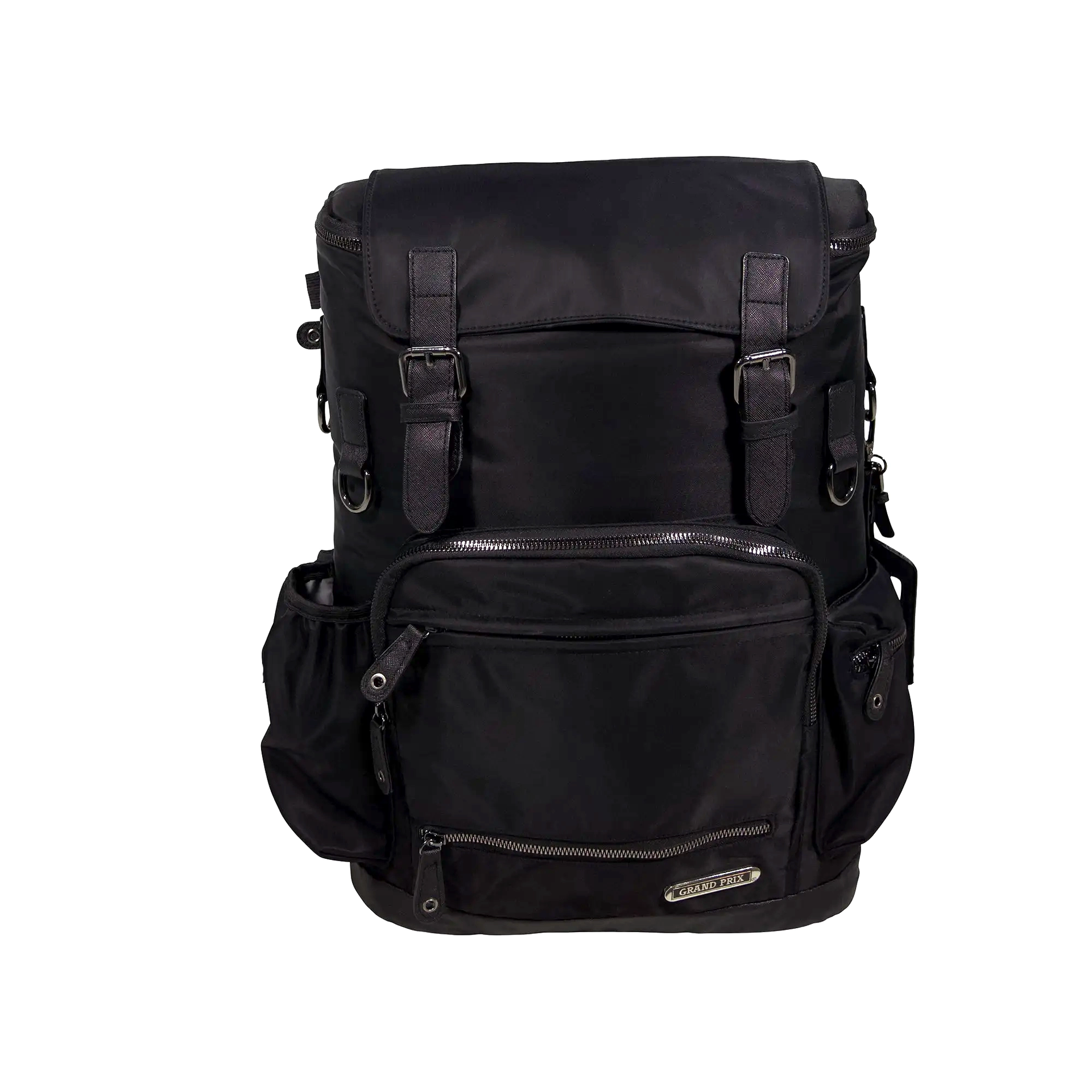 douglas black canvas backpack with faux leather trim Clayton & Crume water bottle Grand Prix Deluxe Backpack