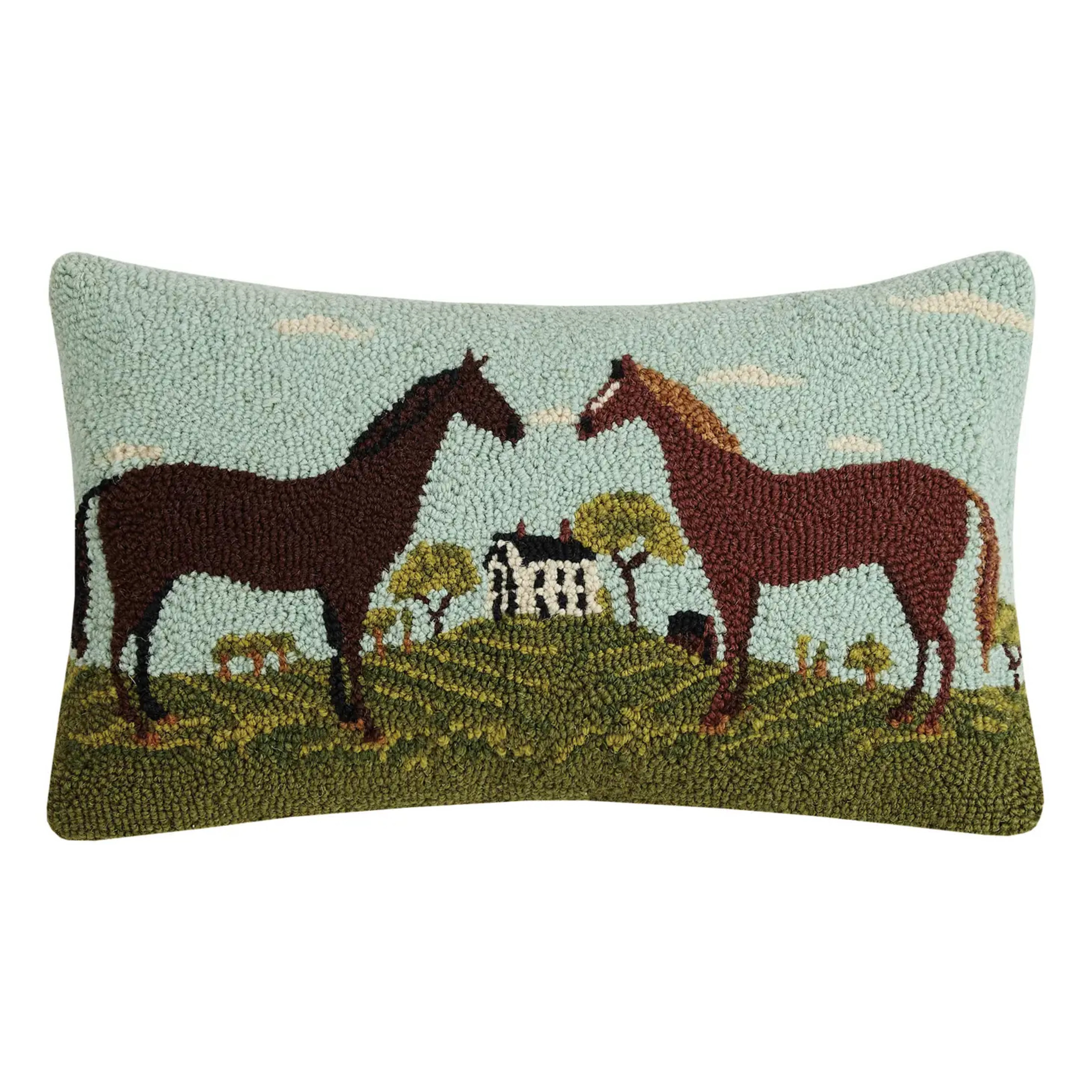 Horses in Field Hooked Pillow