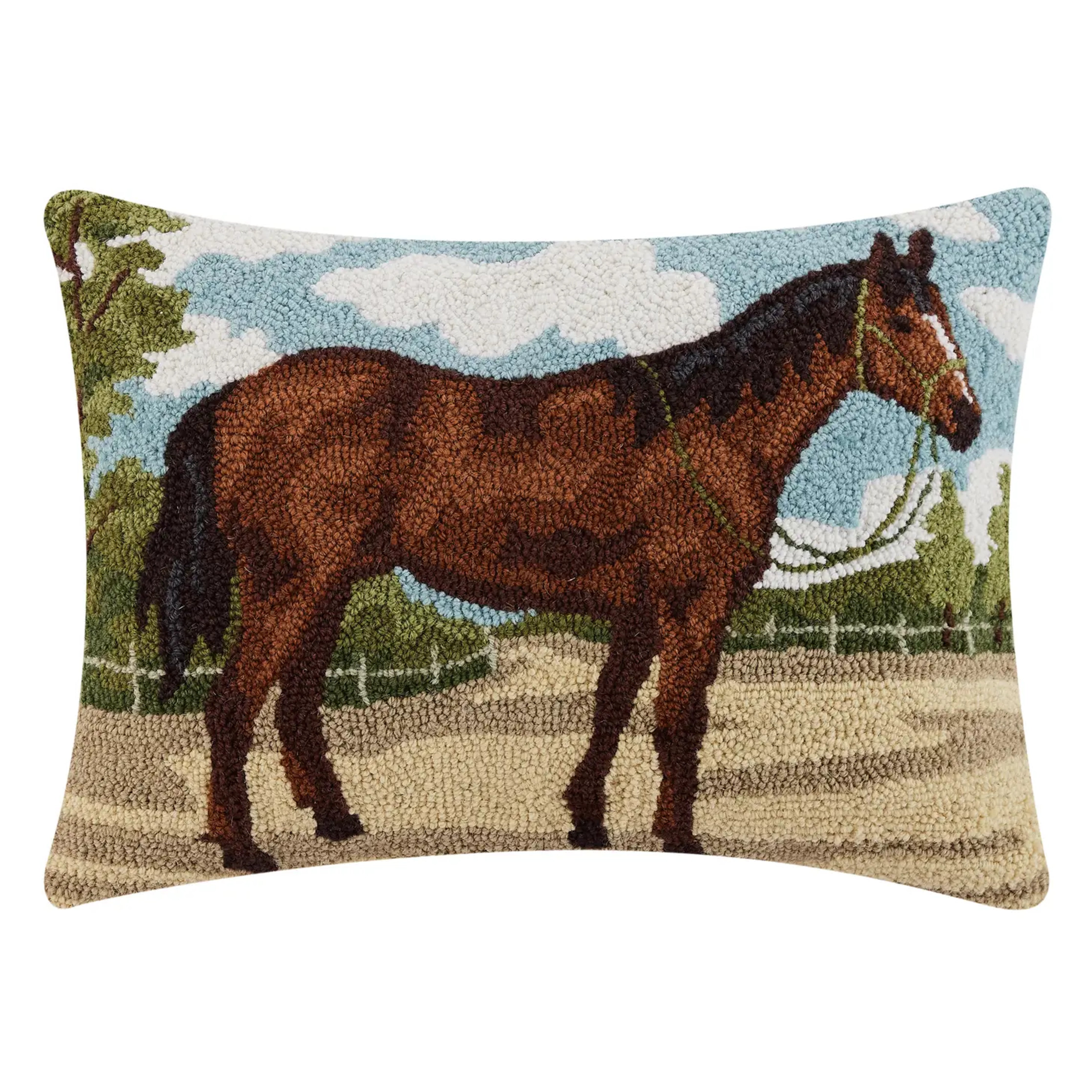 Bay Horse Hooked Pillow